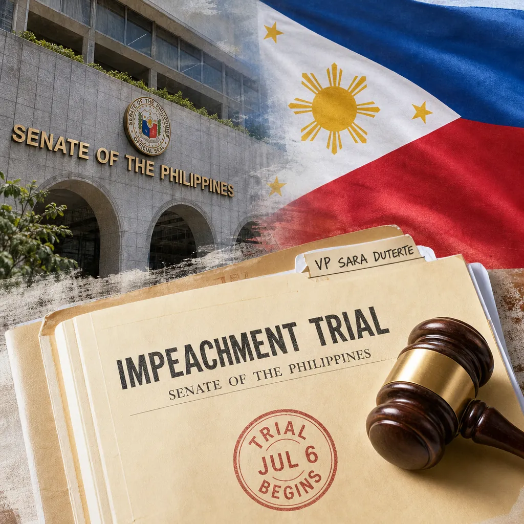 A collage showing the Senate of the Philippines building, the Philippine flag, and a folder labeled "Impeachment Trial" with "VP Sara Duterte" and a gavel, illustrating Sara Duterte’s impeachment trial dominates news.