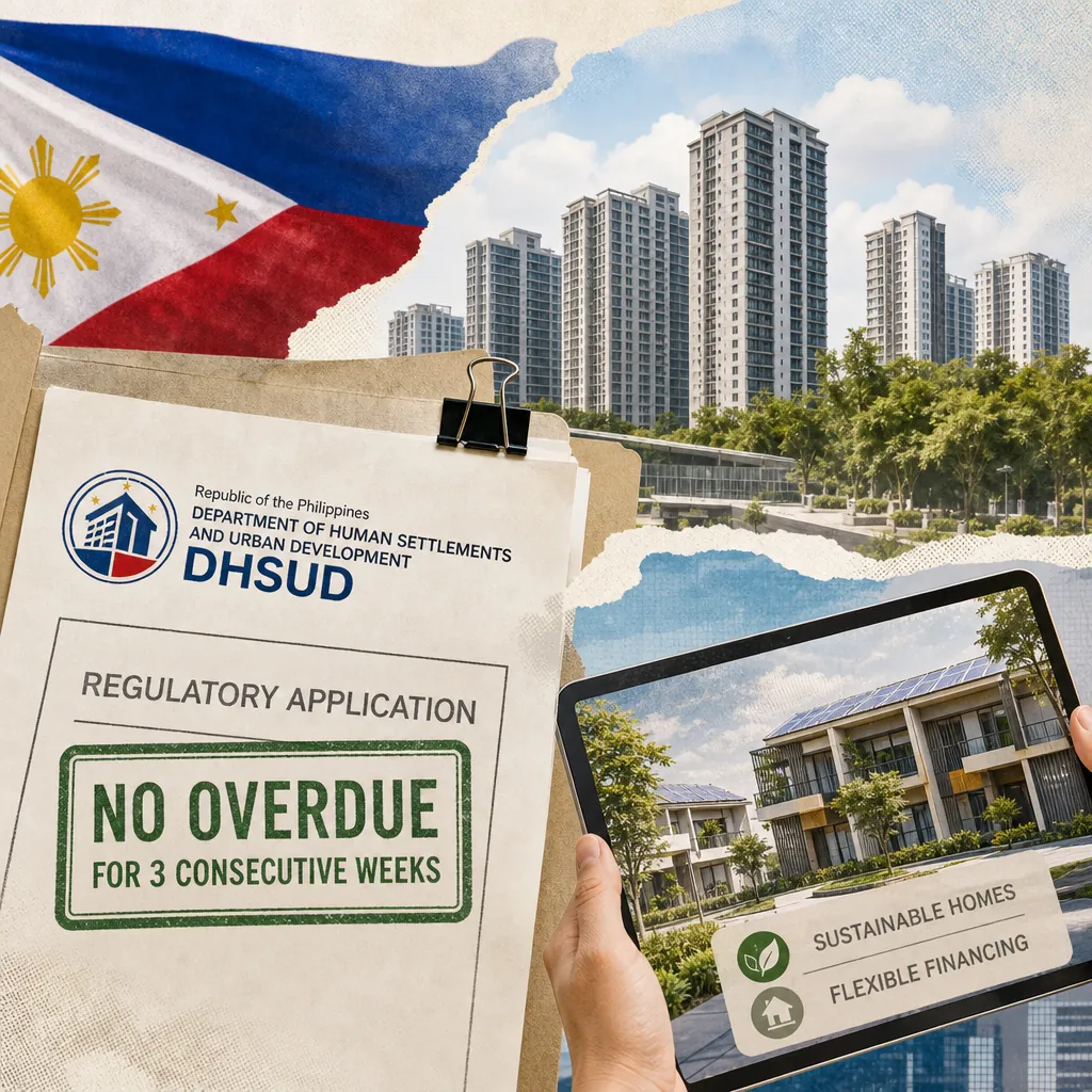 A collage showing the Philippine flag, high-rise condominiums, a government housing document marked "No Overdue for 3 Consecutive Weeks," and a tablet displaying eco-friendly homes with options for sustainable homes and flexible financing, illustrating Philippine real estate in July 2026.