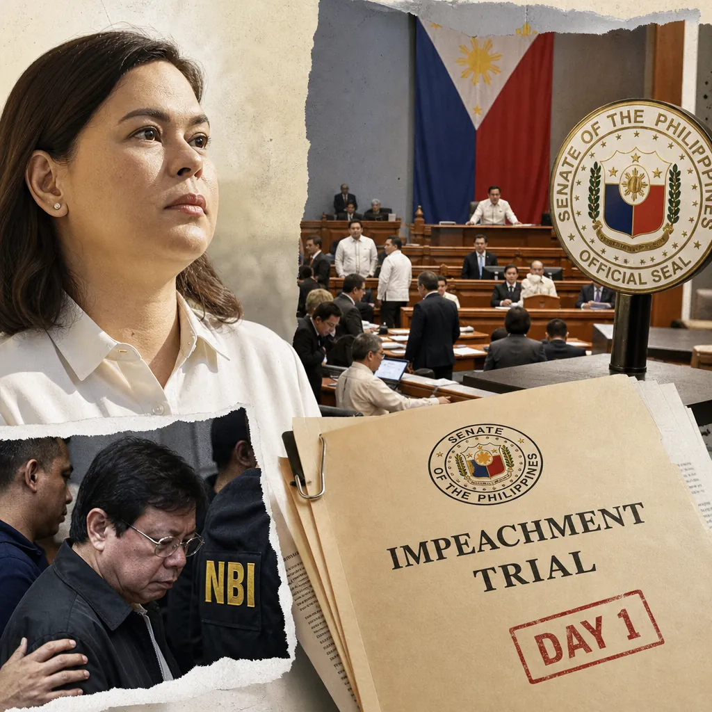 A collage showing a serious woman in a white shirt, a crowded Senate chamber with the Philippine flag and official seal, a man being escorted by NBI officers, and a folder labeled "Impeachment Trial Day 1," illustrating Day 1 of VP Sara Duterte’s impeachment trial dominated by Senate power struggles, key arrests, and public mockery.