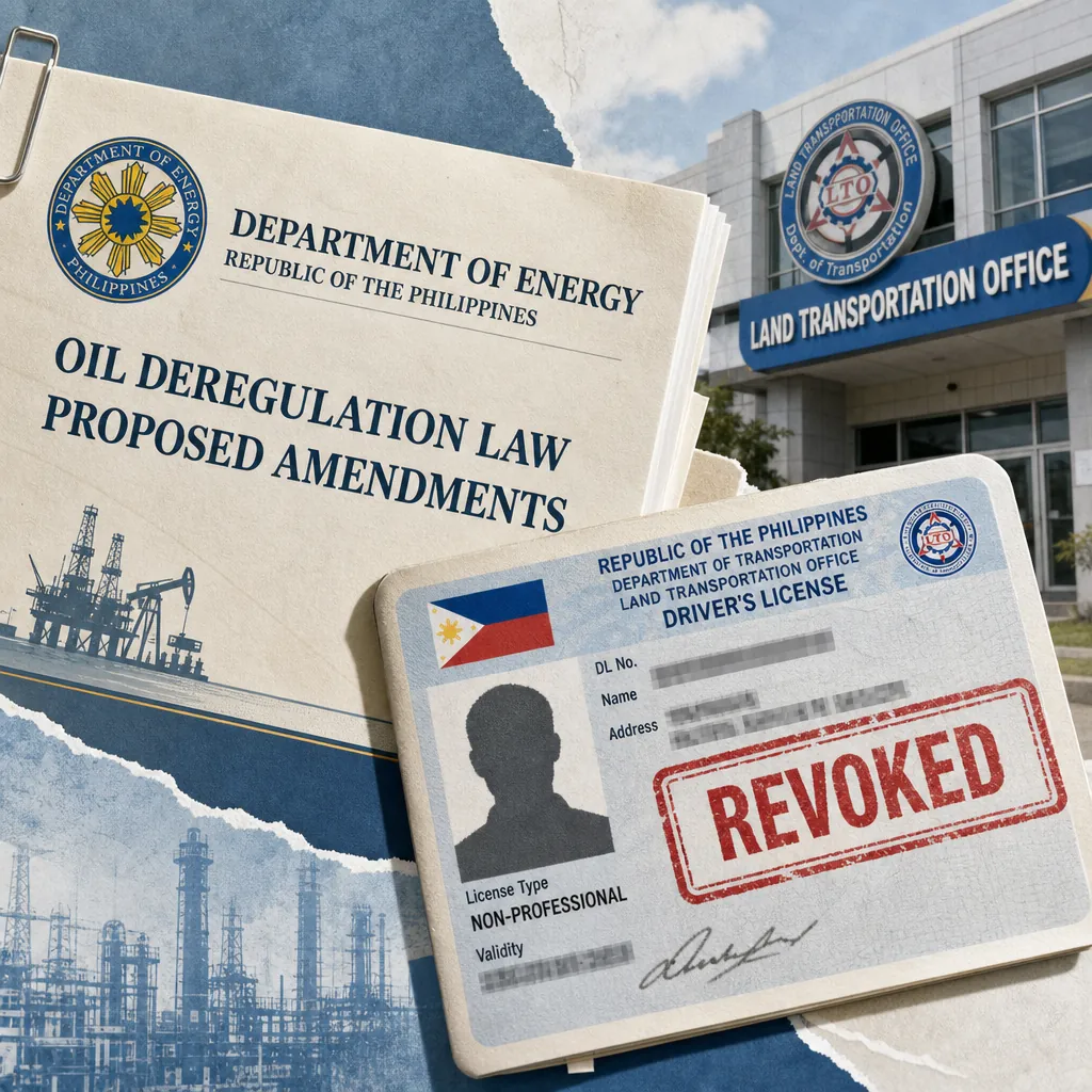 A collage showing a Department of Energy document labeled "Oil Deregulation Law Proposed Amendments," a revoked Philippine driver's license, and the Land Transportation Office building, illustrating DOE proposes oil law amendments for energy security.