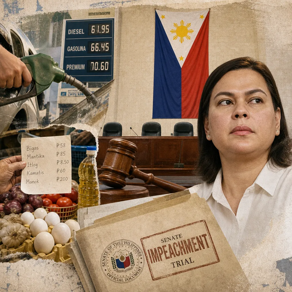 A collage showing a person pumping gas at a station with high fuel prices displayed, a handwritten list of rising food costs at a market, a courtroom with a gavel and the Philippine flag, and a serious-looking woman beside a folder labeled "Senate Impeachment Trial," illustrating rising costs and fuel hikes drive public skepticism and viral price-tracking tools, while VP Duterte’s impeachment trial dominates political headlines.
