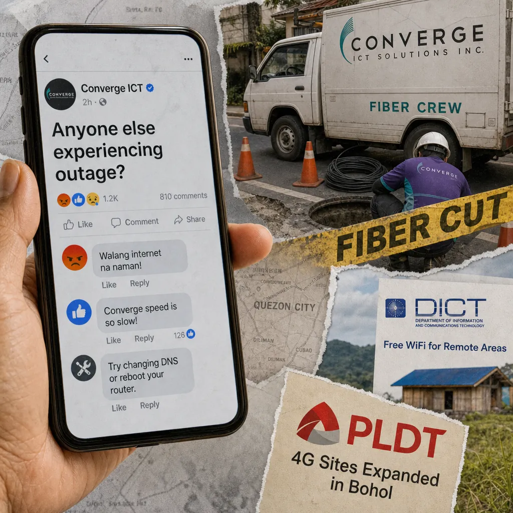 A hand holds a phone showing a Converge ICT Facebook post about an outage with frustrated user comments, while in the background a Converge fiber crew works on a street repair marked "FIBER CUT," alongside DICT and PLDT signs promoting rural connectivity, illustrating the Converge outage sparks social backlash as users vent over slow speeds and turn to DIY fixes; DICT, PLDT push rural connectivity amid rising consumer frustration.