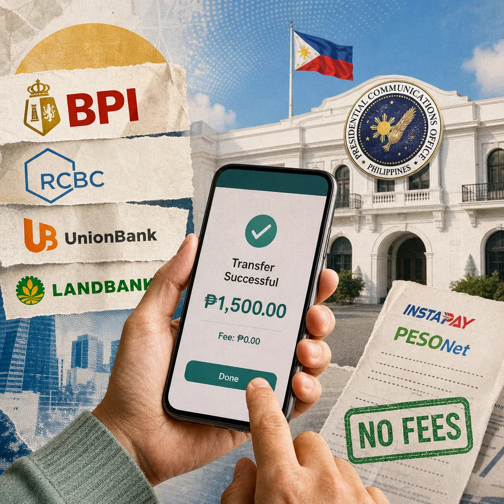 A person uses a smartphone showing a successful money transfer with zero fees, surrounded by logos of major Philippine banks, the Philippine flag, and signs for InstaPay, PESONet, and "NO FEES," illustrating Philippine banks rapidly shift to zero-fee InstaPay and PESONet transfers.