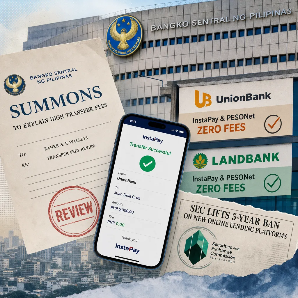 A collage showing the Bangko Sentral ng Pilipinas building, a summons to explain high transfer fees, a phone screen with a successful InstaPay transfer and zero fee, banners for UnionBank and LandBank offering zero fees for InstaPay and PESONet, and a notice that the SEC lifts a 5-year ban on new online lending platforms, illustrating BSP pushes banks to lower digital transfer fees as UnionBank, LandBank go fee-free.