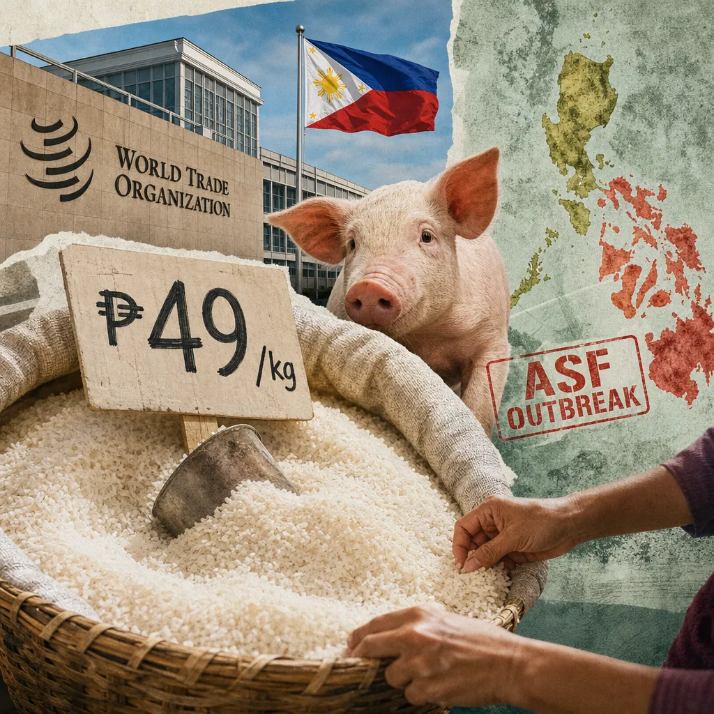 A collage showing a basket of rice with a ₱49/kg price sign, a pig, a map of the Philippines marked "ASF Outbreak," the World Trade Organization building, and the Philippine flag, illustrating Philippine inflation eases, rice price cap extension gains support, but ASF outbreaks threaten pork supply.