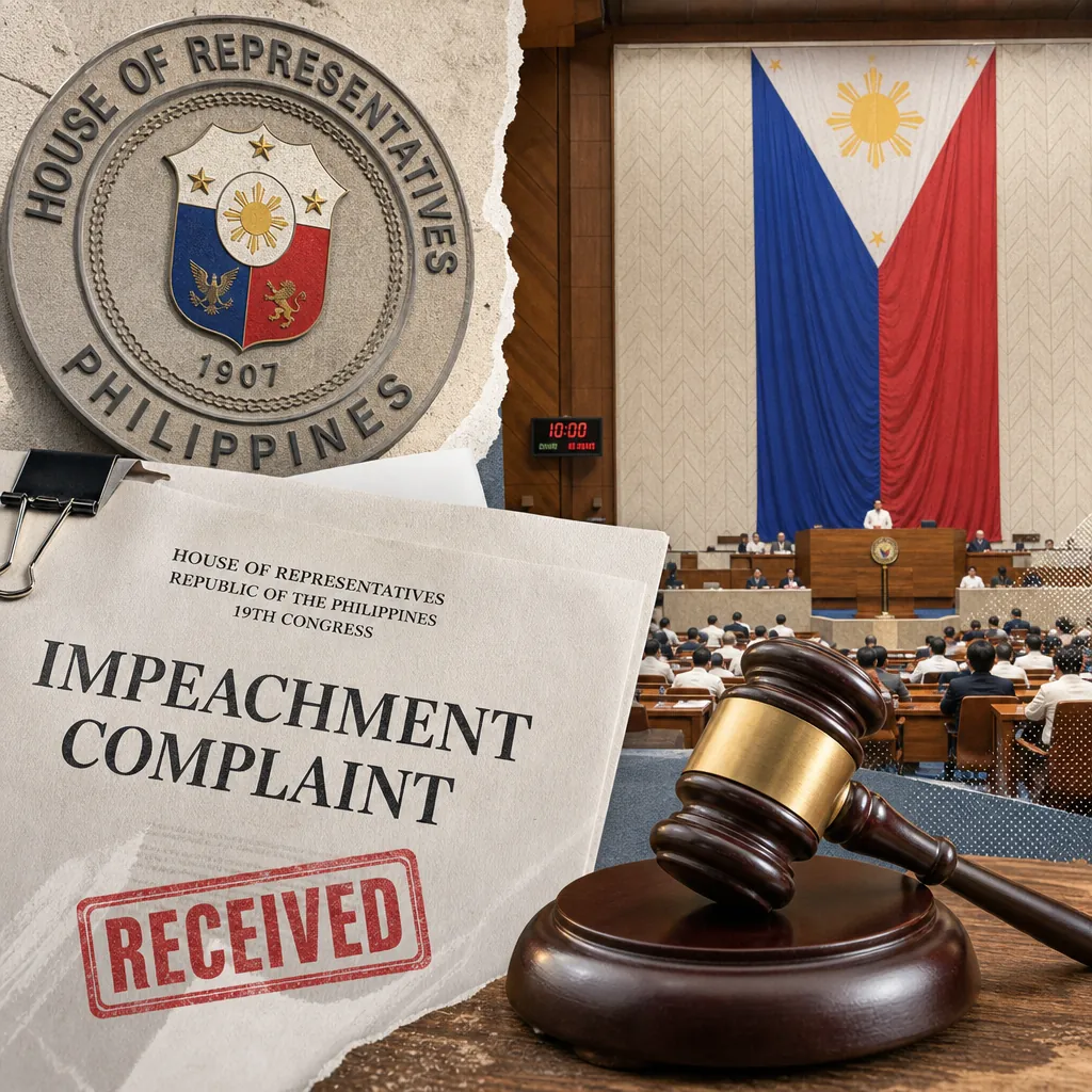 A collage showing the seal of the Philippine House of Representatives, a large Philippine flag in a congressional hall, a gavel, and a document labeled "Impeachment Complaint Received," illustrating how Duterte impeachment dominates news, overshadowing telco and digital issues.