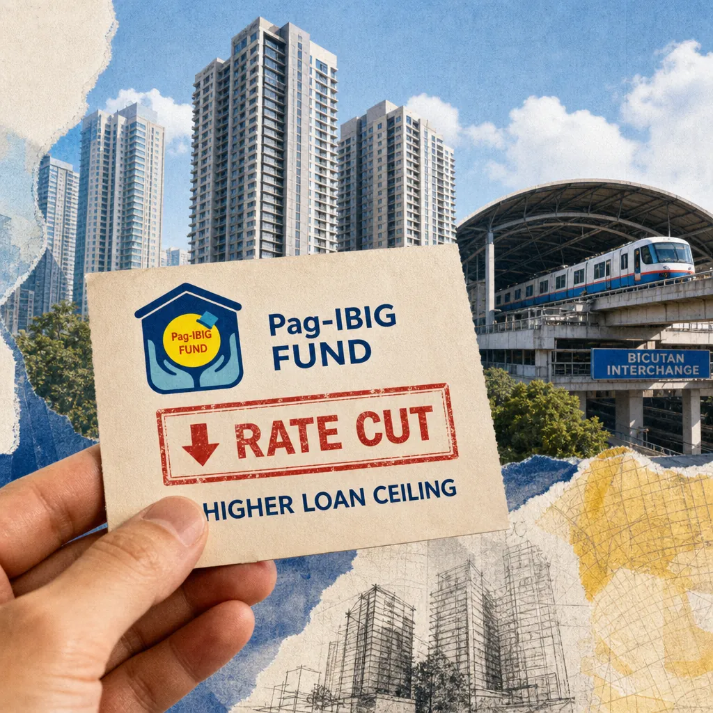 A hand holds a card with the Pag-IBIG Fund logo and the words "RATE CUT" in front of high-rise condominiums and a train station, illustrating Philippine real estate shows signs of stabilizing as Pag-IBIG cuts rates, infrastructure advances, and buyers grow cautious amid regulatory and climate risks.