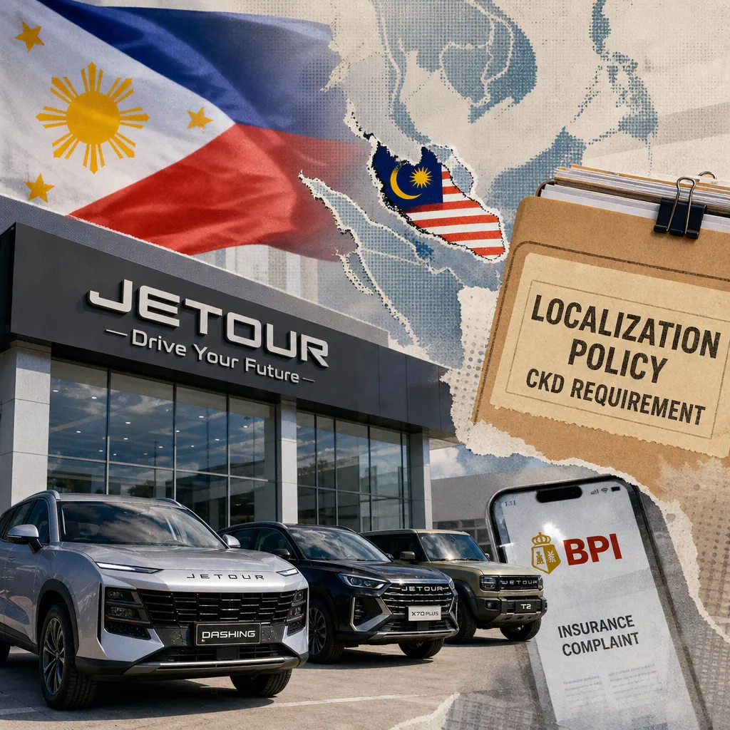 Collage showing a Jetour car dealership with several Chinese vehicles parked in front, the Philippine and Malaysian flags over a map, a folder labeled "Localization Policy CKD Requirement," and a phone displaying a BPI insurance complaint, illustrating Chinese automakers surge in the Philippine market.