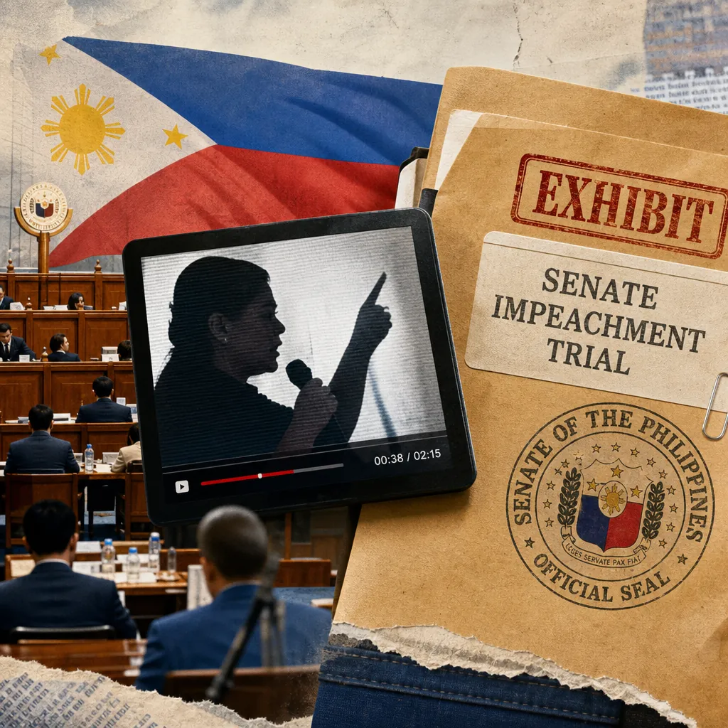 A collage showing a Philippine Senate session with officials seated, a large Philippine flag in the background, a folder labeled "Senate Impeachment Trial" with the Senate seal, and a video screen displaying a silhouette of a woman speaking, representing Sara Duterte’s impeachment trial, AFP’s space force plans, and Super Typhoon Bavi alerts dominate Philippine news.