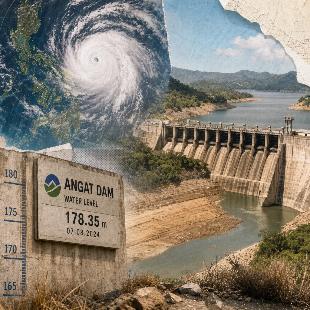 A collage showing a swirling super typhoon over a map of the Philippines, the Angat Dam with visibly low water levels, and a sign reading "Angat Dam Water Level 178.35 m 07.08.2024," illustrating how Super Typhoon Inday prompts class suspensions as Angat Dam’s water drops.