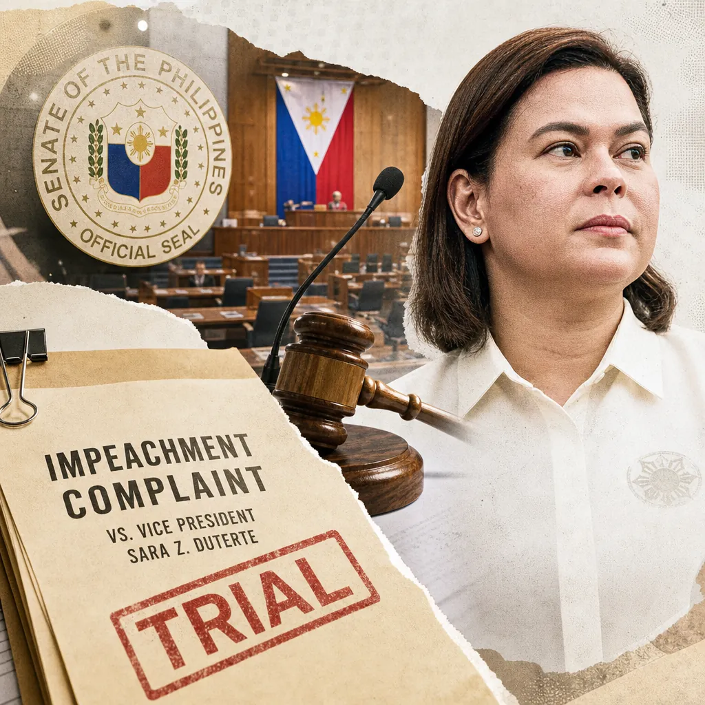 VP Sara Duterte’s impeachment trial dominates as Super Typhoon Inday nears, showing a serious woman in a white shirt, a gavel, a folder labeled "Impeachment Complaint vs. Vice President Sara Z. Duterte," the Senate of the Philippines seal, and the Senate chamber with a Philippine flag.