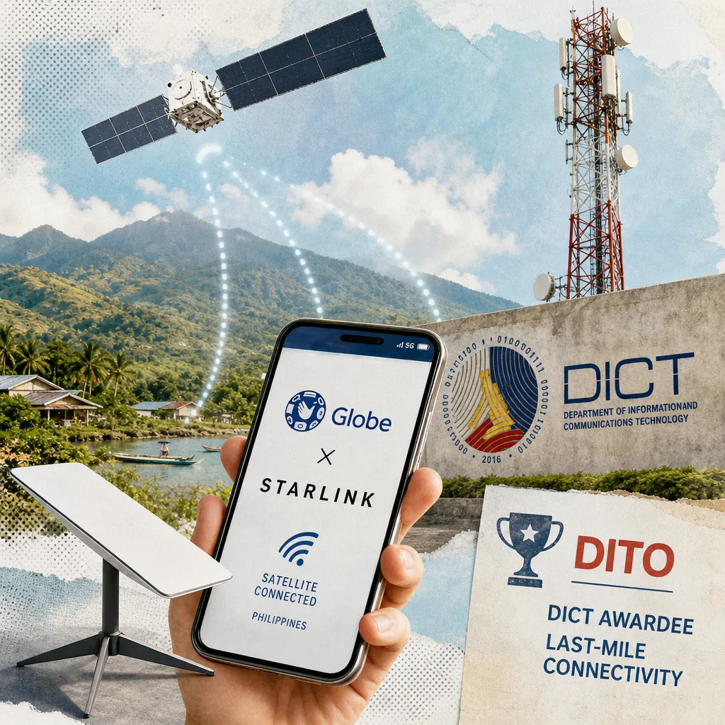 A hand holds a smartphone displaying the Globe and Starlink logos with "Satellite Connected Philippines" text, in front of a rural landscape with a satellite dish, a satellite in the sky, a telecommunications tower, and signs for DICT and DITO, illustrating Globe launches Starlink satellite-to-mobile service.