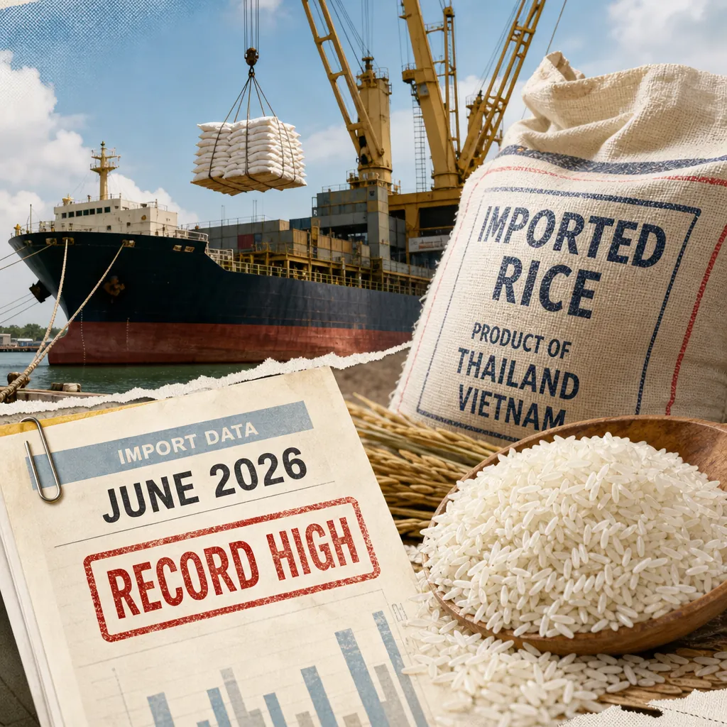 A collage showing a cargo ship unloading sacks of rice, a large bag labeled "Imported Rice Product of Thailand Vietnam," a wooden bowl filled with rice, and a report marked "June 2026 Record High," illustrating Philippine business sees record rice imports, major vape seizure, rising entrepreneurship, new Canadian tech investments, and food security challenges.
