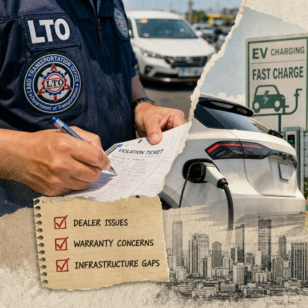 A collage showing a Philippine LTO officer writing a violation ticket, an electric vehicle charging at a fast charge station, and a checklist of dealer issues, warranty concerns, and infrastructure gaps, representing the Philippine auto scene on July 9, 2026.