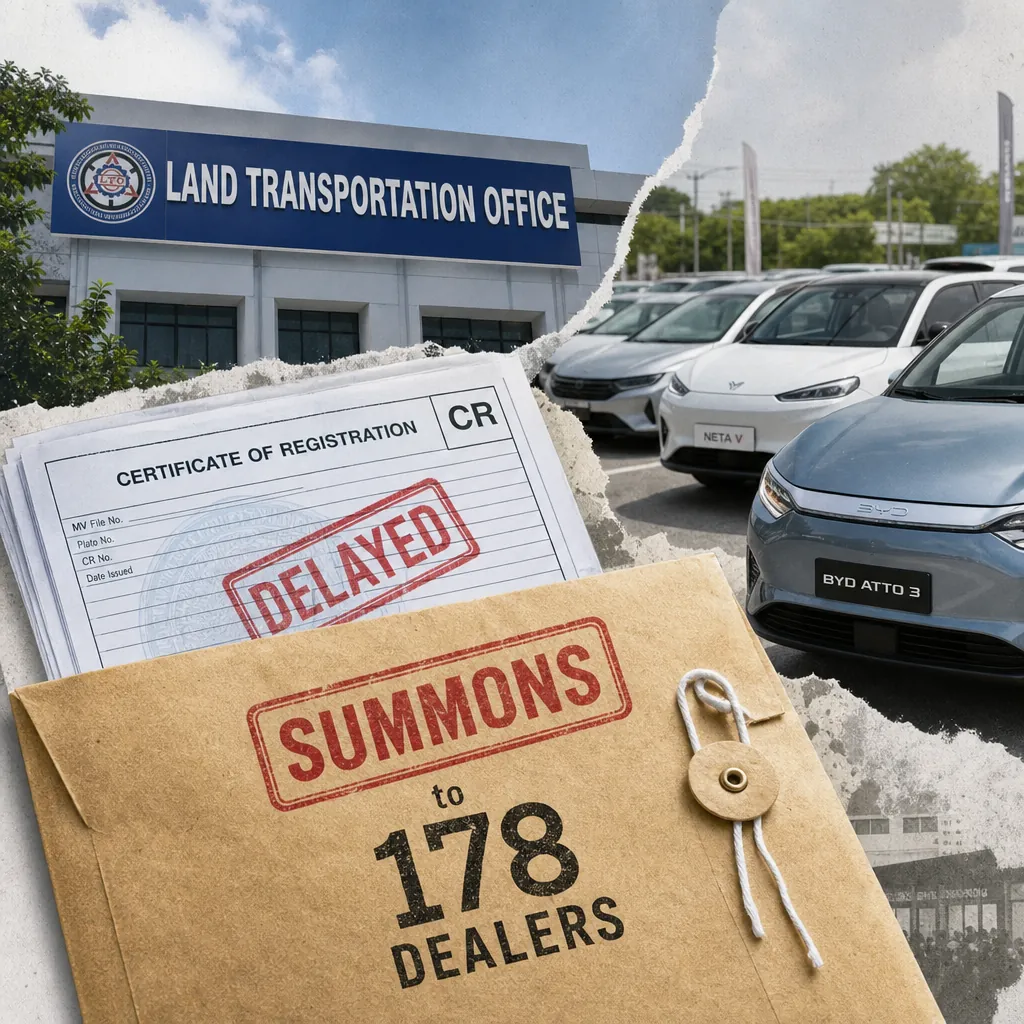 A collage showing the Land Transportation Office building, a stack of delayed car registration certificates, a brown envelope labeled "SUMMONS to 178 DEALERS," and a row of electric vehicles, illustrating LTO cracks down on dealer delays as EV interest rises.
