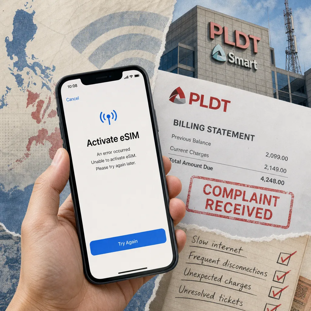 A hand holds a smartphone showing an eSIM activation error, next to a PLDT billing statement stamped "Complaint Received," a checklist of service issues, and the PLDT Smart building, illustrating Philippine telco talk in July 2026: consumer backlash over PLDT billing, security fears, prepaid migration, DITO’s streaming push, and Converge’s digital diplomacy.