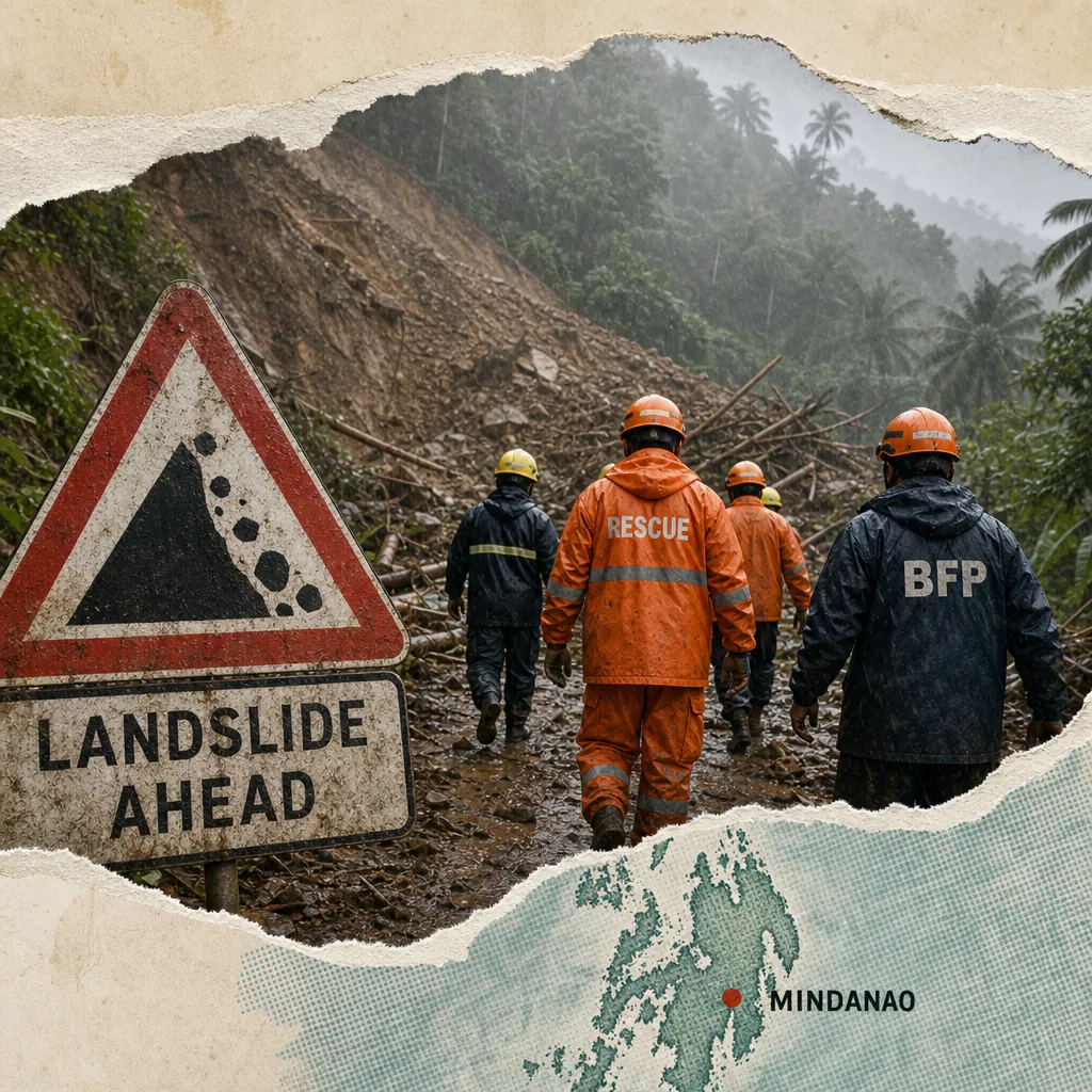 Rescue workers in rain gear walk toward a muddy landslide area in Mindanao, passing a warning sign that reads "Landslide Ahead," with a map highlighting Mindanao, illustrating deadly Mindanao landslides.