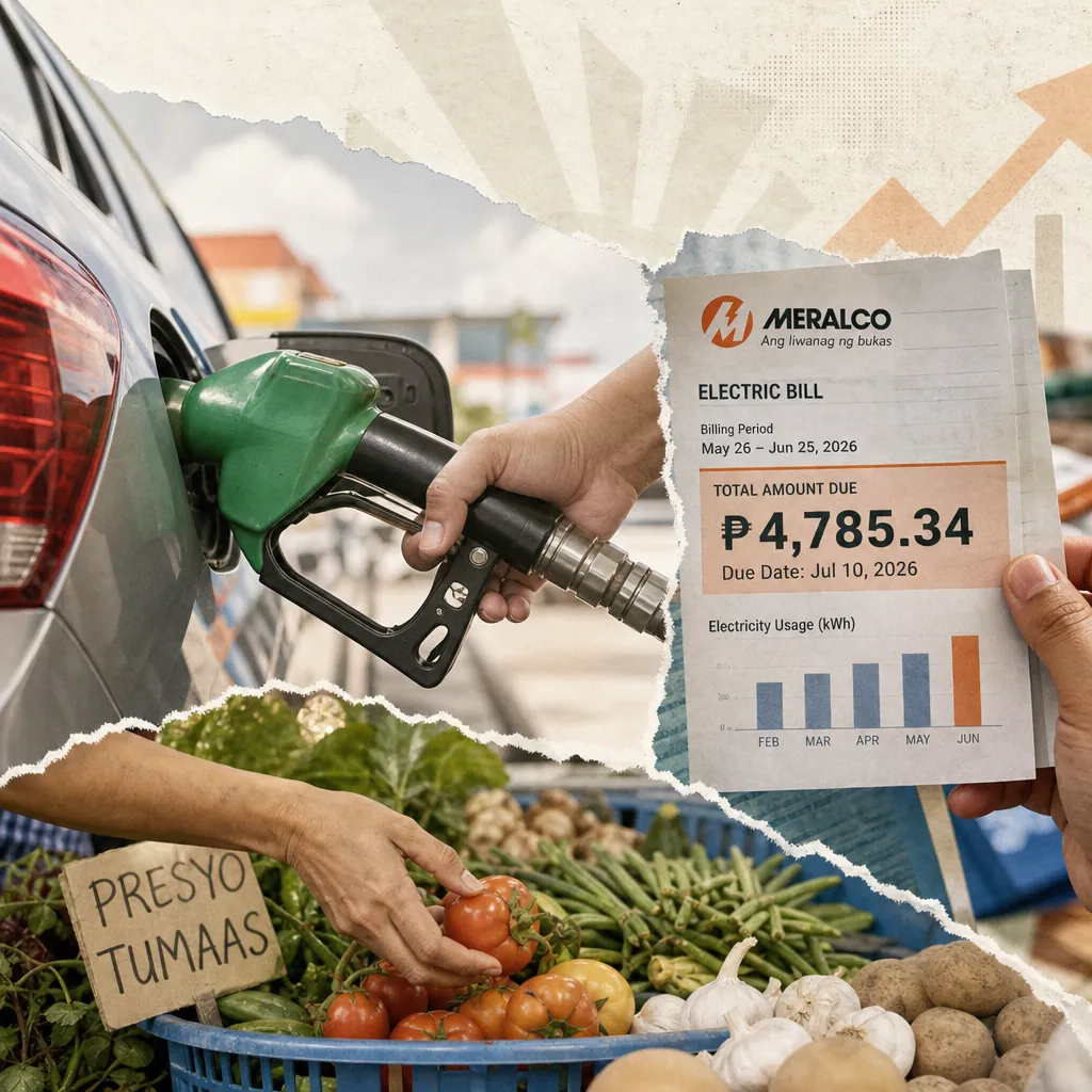 A collage showing a hand pumping fuel into a car, another hand holding a high electricity bill, and a market scene with a sign reading "Presyo Tumaas" among vegetables, illustrating Filipinos facing a cost-of-living crisis as fuel and electricity prices surge.