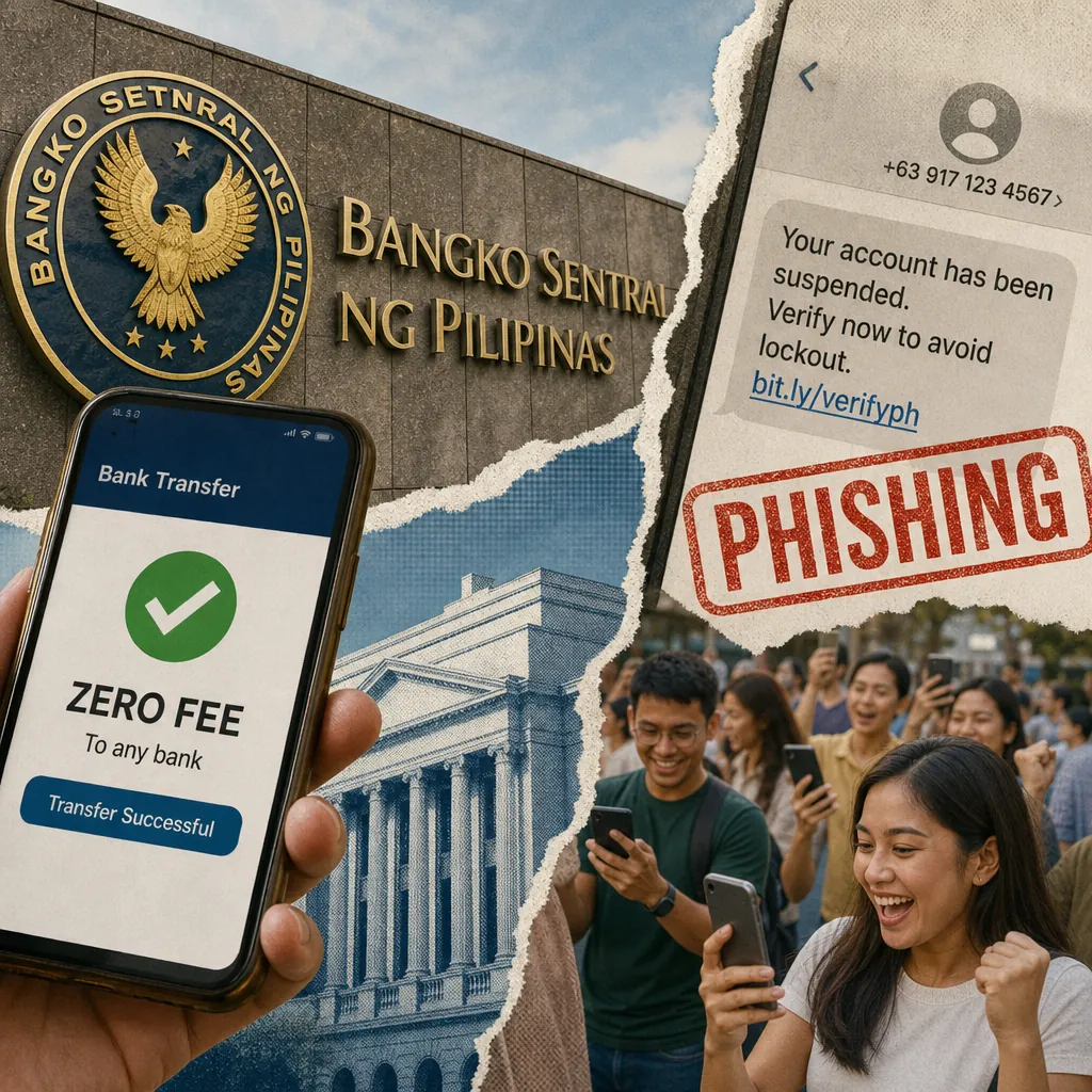 A collage showing the Bangko Sentral ng Pilipinas building, a phone screen with "ZERO FEE" for bank transfers, a crowd of happy people using smartphones, and a phishing SMS warning, illustrating BSP ends interbank transfer fees, sparking consumer joy and digital bank growth, but rising phishing and SMS spoofing raise urgent cybersecurity concerns.