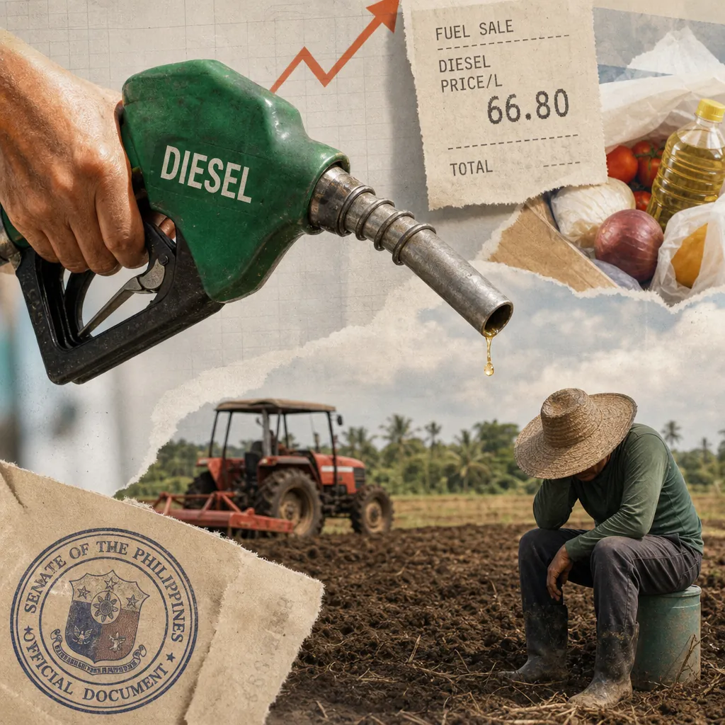 A collage showing a hand holding a diesel fuel nozzle, a fuel receipt with a high diesel price, groceries, a tractor in a field, an official government document, and a farmer sitting with head down, illustrating rising fuel prices and massive agriculture job losses dominate public concern.