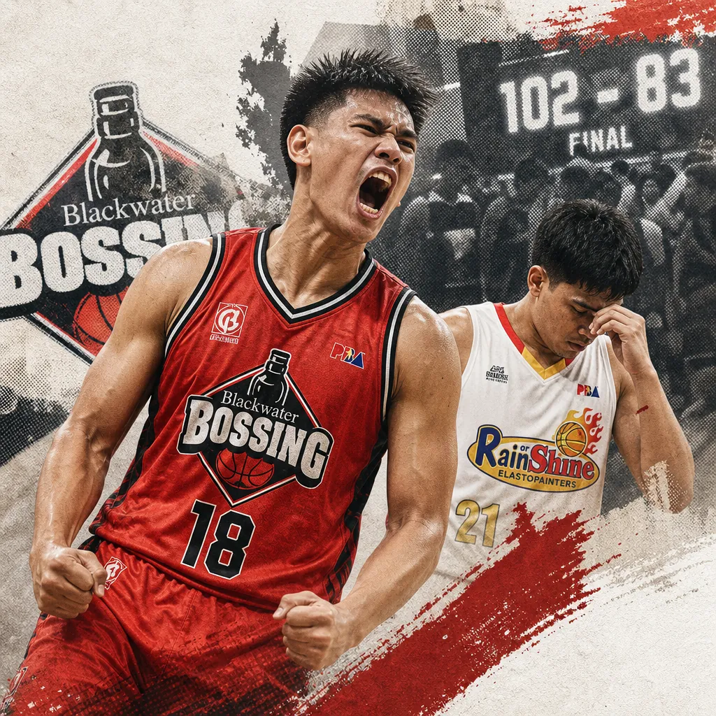 A triumphant Blackwater Bossing basketball player celebrates in the foreground while a disappointed Rain or Shine player stands behind him, with a scoreboard showing a final score of 102-83, illustrating a PBA revenge win headlines a week of AI debate, market swings, LTO traffic push, Toyota’s tree milestone, and PH nickel’s link to Tesla’s EV supply chain.