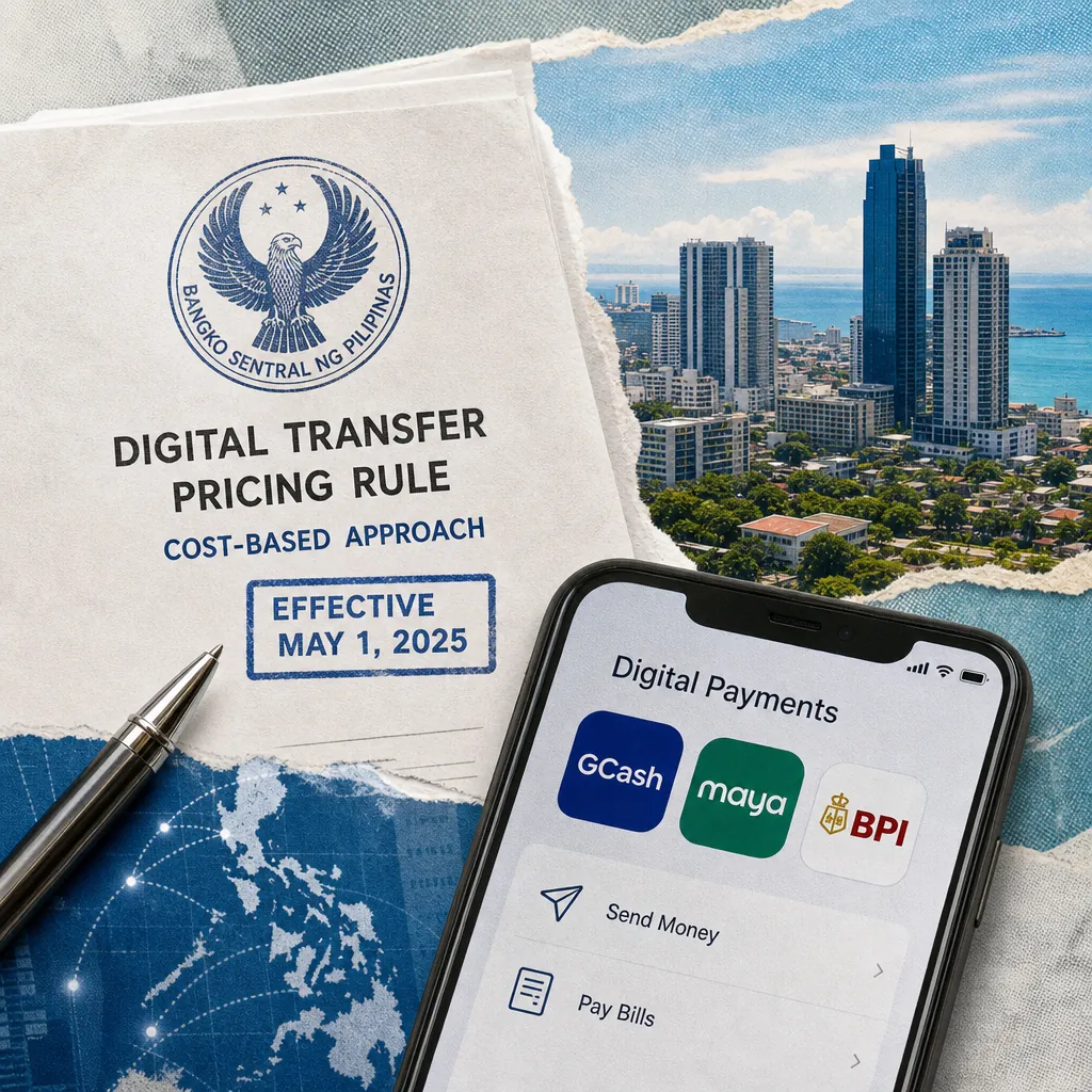 A collage showing a document from Bangko Sentral ng Pilipinas about the digital transfer pricing rule with a cost-based approach effective May 1, 2025, a smartphone displaying digital payment apps GCash, Maya, and BPI, and a cityscape of Cebu, illustrating BSP enforces cost-based digital transfer fees.