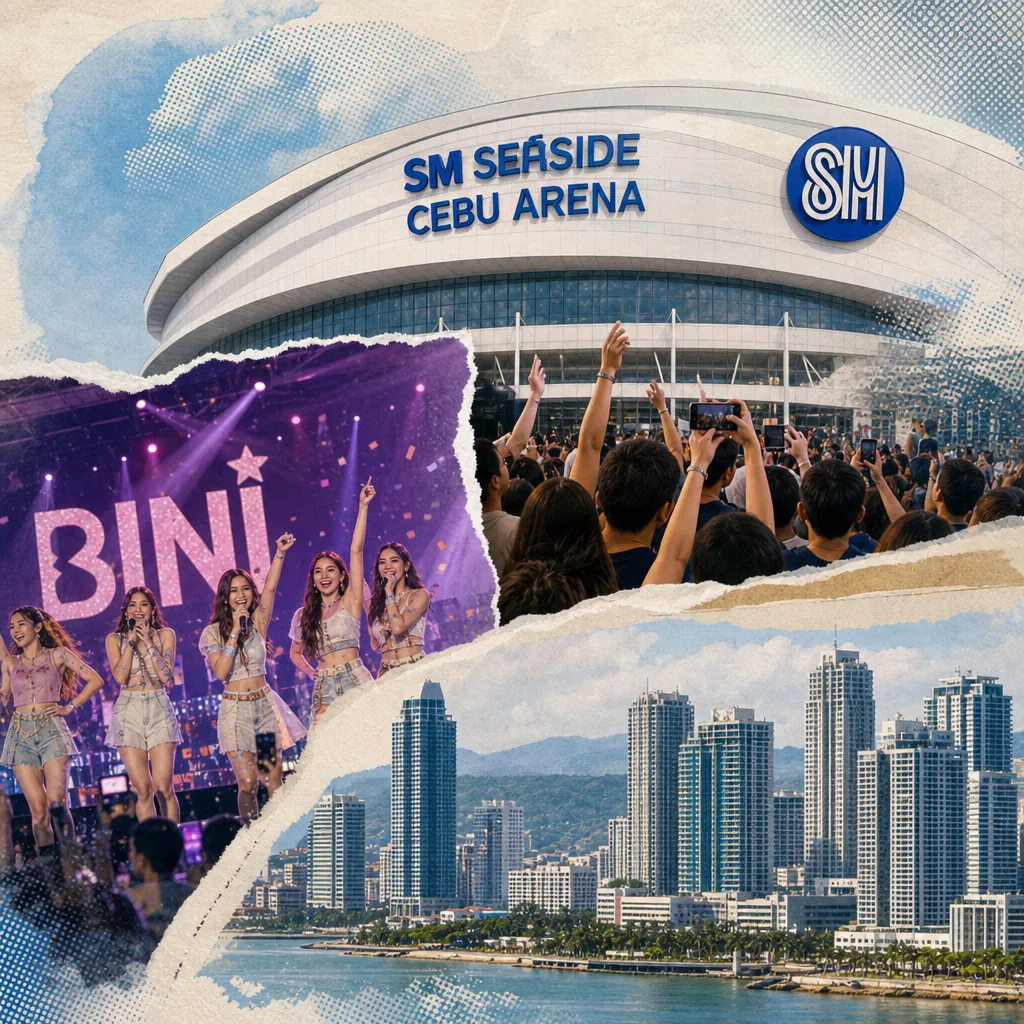 Collage showing the SM Seaside Cebu Arena with a crowd outside, a girl group performing on stage, and a city skyline, illustrating SM Seaside Cebu Arena’s opening drives positive real estate buzz.
