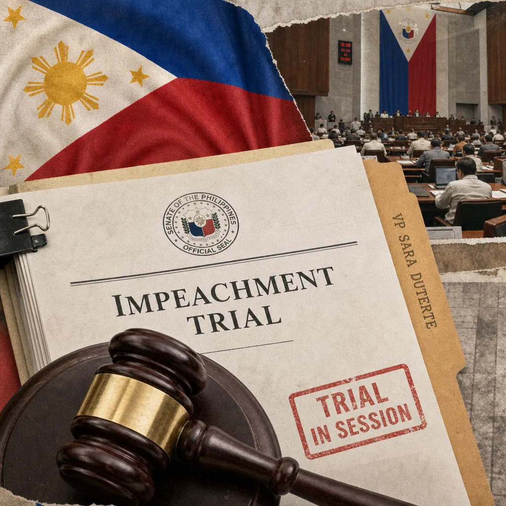 A collage showing the Philippine flag, a courtroom with lawmakers, a gavel, and documents labeled "Impeachment Trial" and "Trial in Session," illustrating political turmoil, anti-corruption drives, deadly typhoon aftermath, and disinformation shape Philippine headlines, testing public trust and institutional resilience.