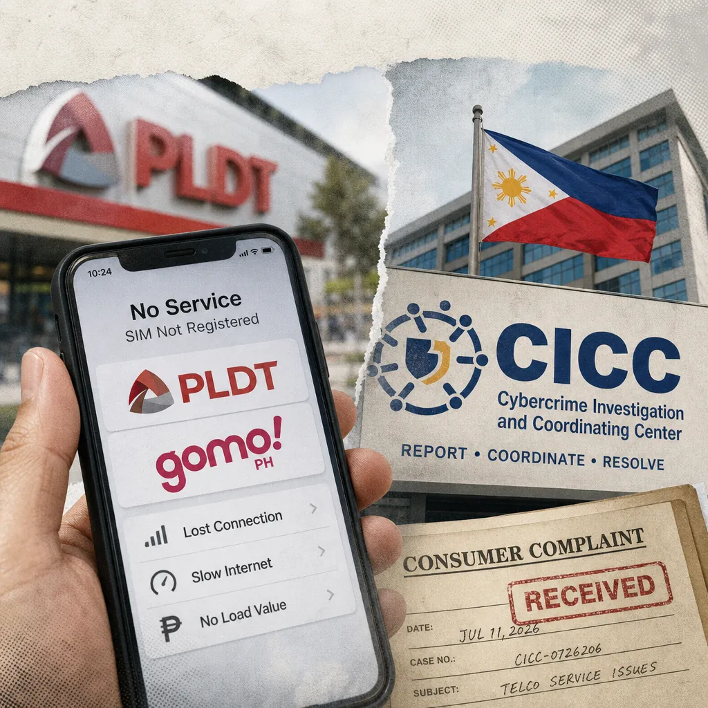 A collage showing a hand holding a phone with "No Service" and PLDT and GOMO logos, the PLDT building, the CICC Cybercrime Investigation and Coordinating Center sign with the Philippine flag, and a consumer complaint form, illustrating PLDT disconnection woes, GOMO's declining value, and cybercrime concerns.