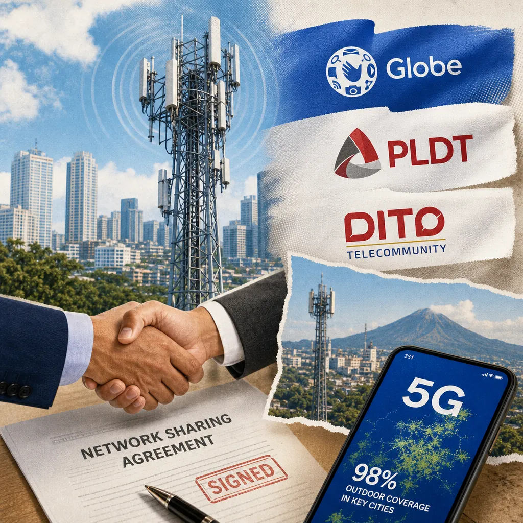 A collage showing a telecom tower in a city, logos of Globe, PLDT, and DITO, two people shaking hands over a signed network sharing agreement, and a smartphone displaying "5G 98% outdoor coverage in key cities," illustrating Globe expands 5G to 98% coverage.