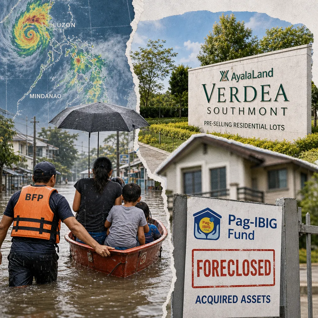 A collage showing Typhoon Inday flooding with a rescue worker helping a family in a boat, a weather map of the Philippines, an Ayala Land Verdea Southmont real estate sign, and a Pag-IBIG Fund foreclosure notice, illustrating typhoon Inday floods, real estate debates, Ayala Land hype, Pag-IBIG foreclosures, SM Prime’s Cebu arena, and housing policy dominate July 12, 2026 news.
