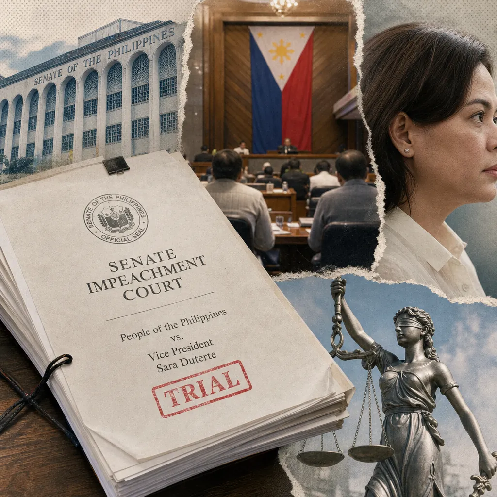 A collage showing the Senate of the Philippines building, a courtroom with officials and a large Philippine flag, a serious woman in profile, a stack of documents labeled "Senate Impeachment Court" with "TRIAL" stamped on it, and a statue of Lady Justice, representing the Philippines facing overlapping disasters—typhoon, floods, volcanic eruptions—amid political turmoil, WPS tensions, and scrutiny of disaster response and infrastructure.