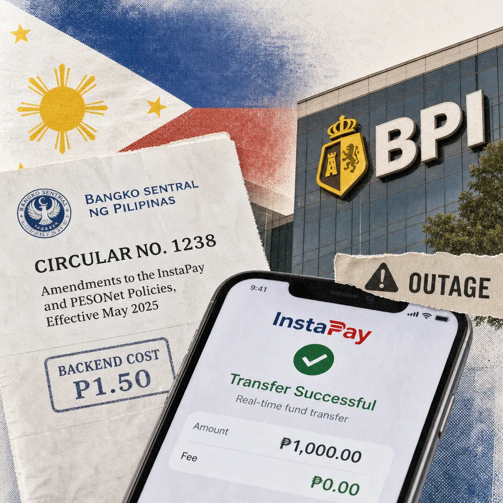 A collage showing a Philippine flag, a Bangko Sentral ng Pilipinas circular about new transfer fee rules, a BPI bank building with an outage warning, and a phone screen displaying a successful InstaPay transfer with zero fee, illustrating Philippine banks race to zero transfer fees after BPI outage.