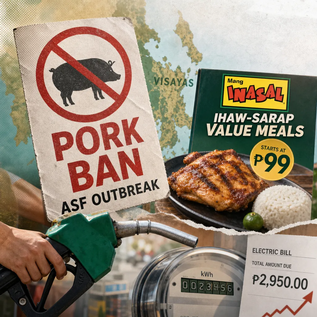 A collage showing a pork ban sign due to ASF outbreak, a value meal advertisement with grilled chicken and rice, a hand holding a fuel pump, and an electric bill with a rising cost, illustrating rising food, fuel, and electricity costs drive Filipino consumers to seek value deals.