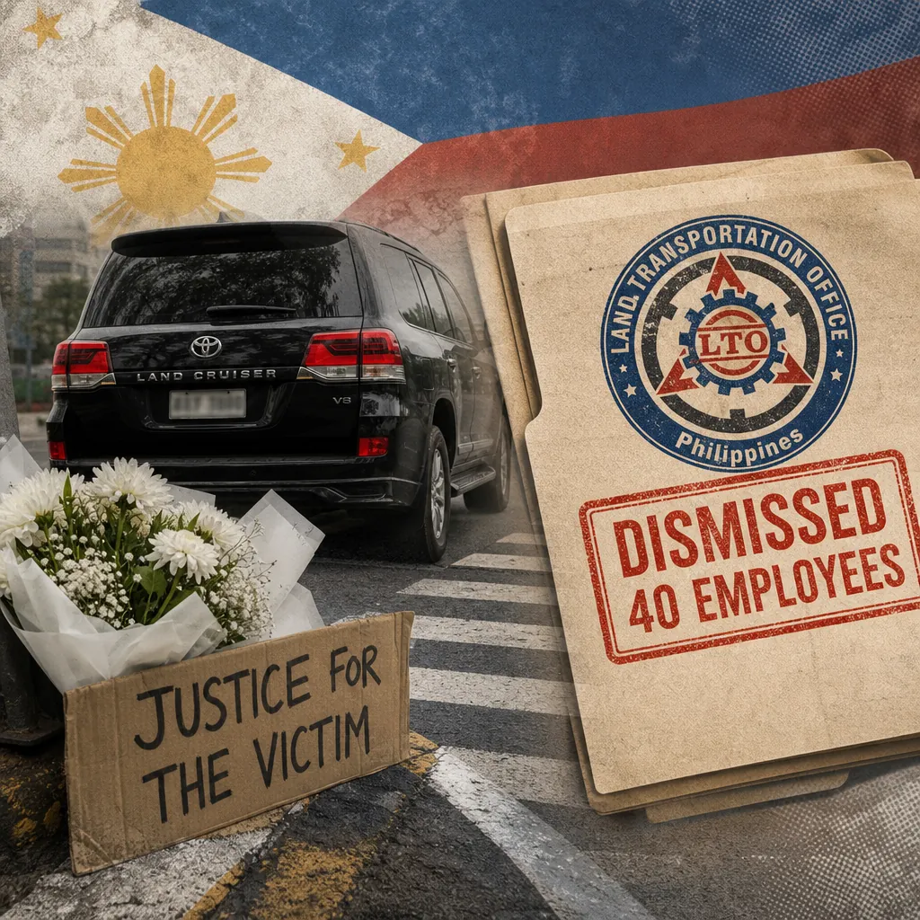 A black SUV on a pedestrian crossing with a bouquet of white flowers and a cardboard sign reading "Justice for the Victim," next to folders labeled "Land Transportation Office Philippines" and "Dismissed 40 Employees," set against a Philippine flag backdrop, illustrating a fatal hit-and-run sparks outrage over privilege and road safety.
