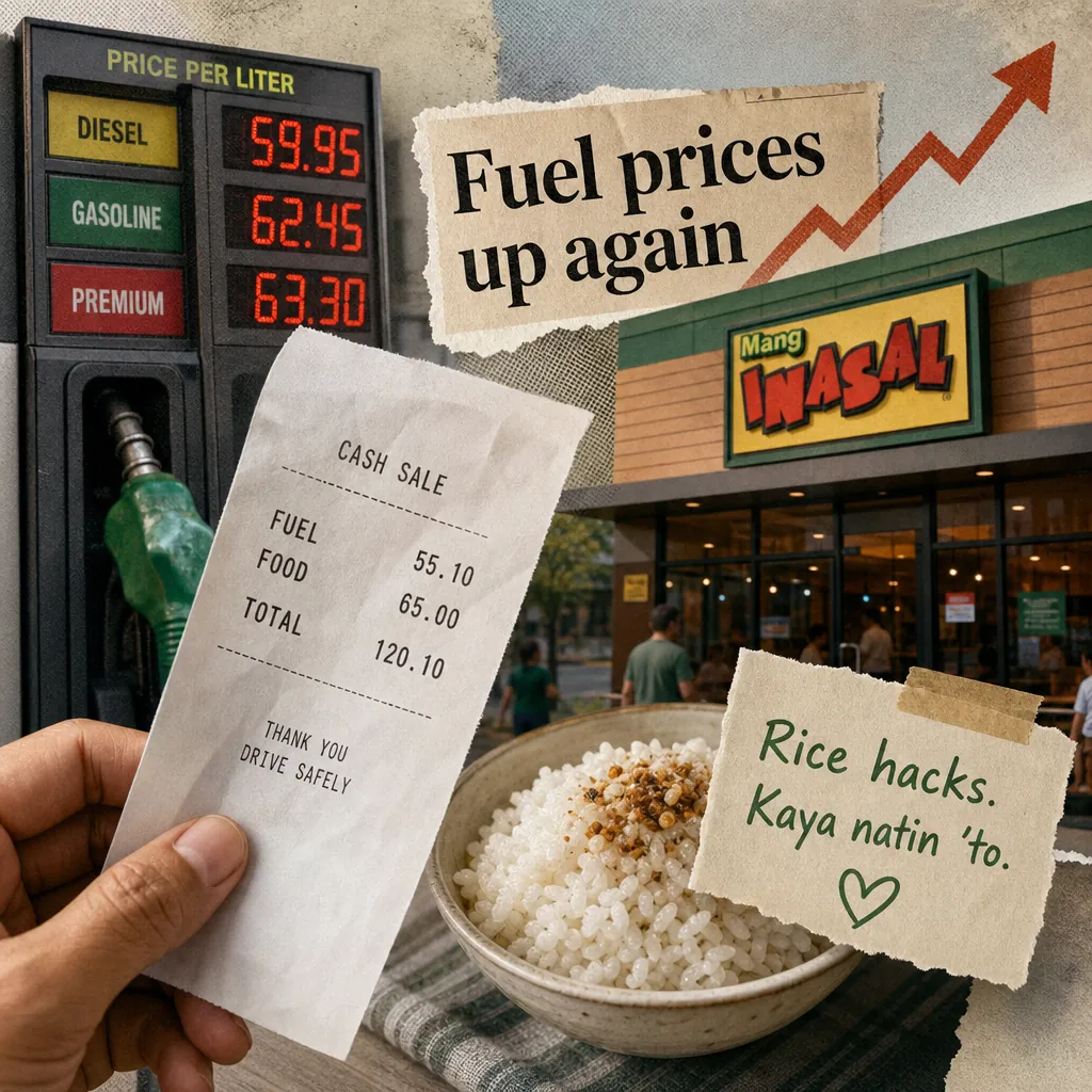 A collage showing a gas pump with high fuel prices, a receipt listing fuel and food costs, a bowl of rice with a note about rice hacks, and a quick service restaurant, illustrating rising fuel and food prices spark consumer anxiety, viral cost-saving hacks, and worker welfare concerns, as QSRs expand amid tightening budgets.