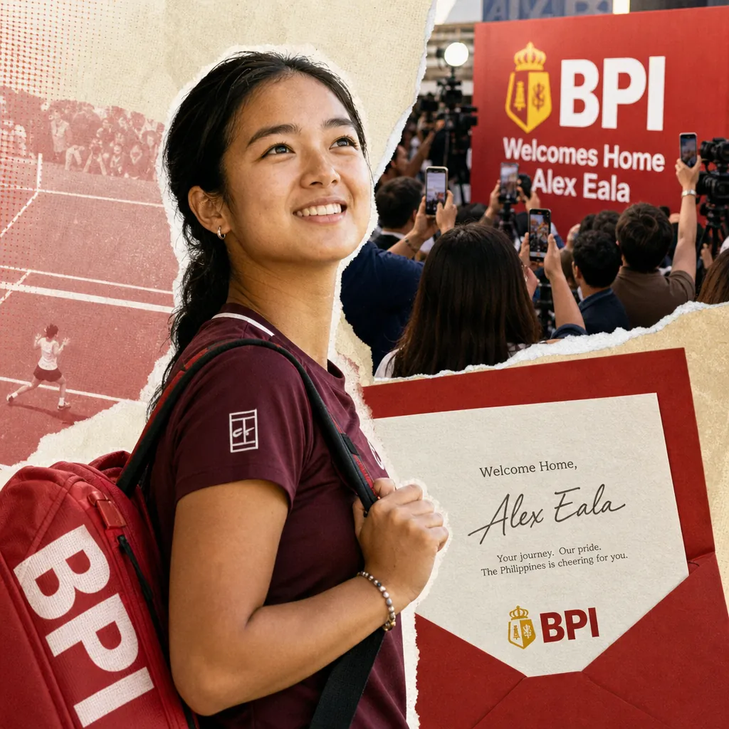 A smiling young woman with a red BPI backpack stands in front of a crowd and a large BPI sign that reads "Welcomes Home Alex Eala," with a collage of a tennis match and a welcome letter, illustrating BPI’s Alex Eala homecoming dominates social buzz.