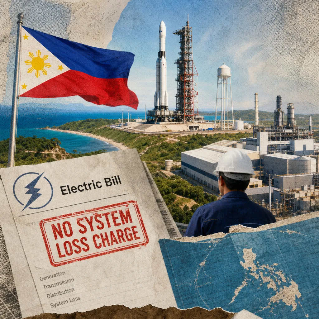 A collage showing a Philippine flag near a rocket launch site by the sea, an industrial facility, a person in a hard hat, an electric bill stamped with "NO SYSTEM LOSS CHARGE," and a map of the Philippines, illustrating President Marcos’s SONA sparks debate on system loss charge removal, spaceport plans, and Pax Silica hub.