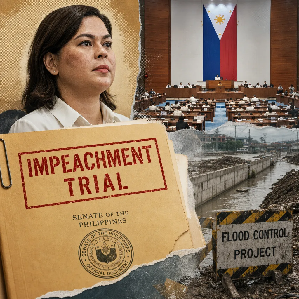 A collage showing a serious woman, a Philippine Senate session, a folder labeled "Impeachment Trial," and a construction site with a "Flood Control Project" sign, illustrating a turbulent day in Philippine politics: impeachment trial, flood control scandal, disaster response, and public cynicism dominate news and social media narratives.