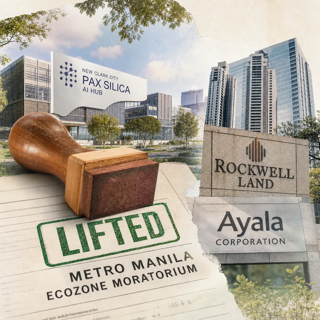 A collage showing a modern office building labeled "New Clark City Pax Silica AI Hub," a large rubber stamp marking "LIFTED" on a document titled "Metro Manila Ecozone Moratorium," and signs for Rockwell Land and Ayala Corporation, illustrating policy wins and corporate moves boost real estate and IT-BPM sector confidence in Metro Manila.