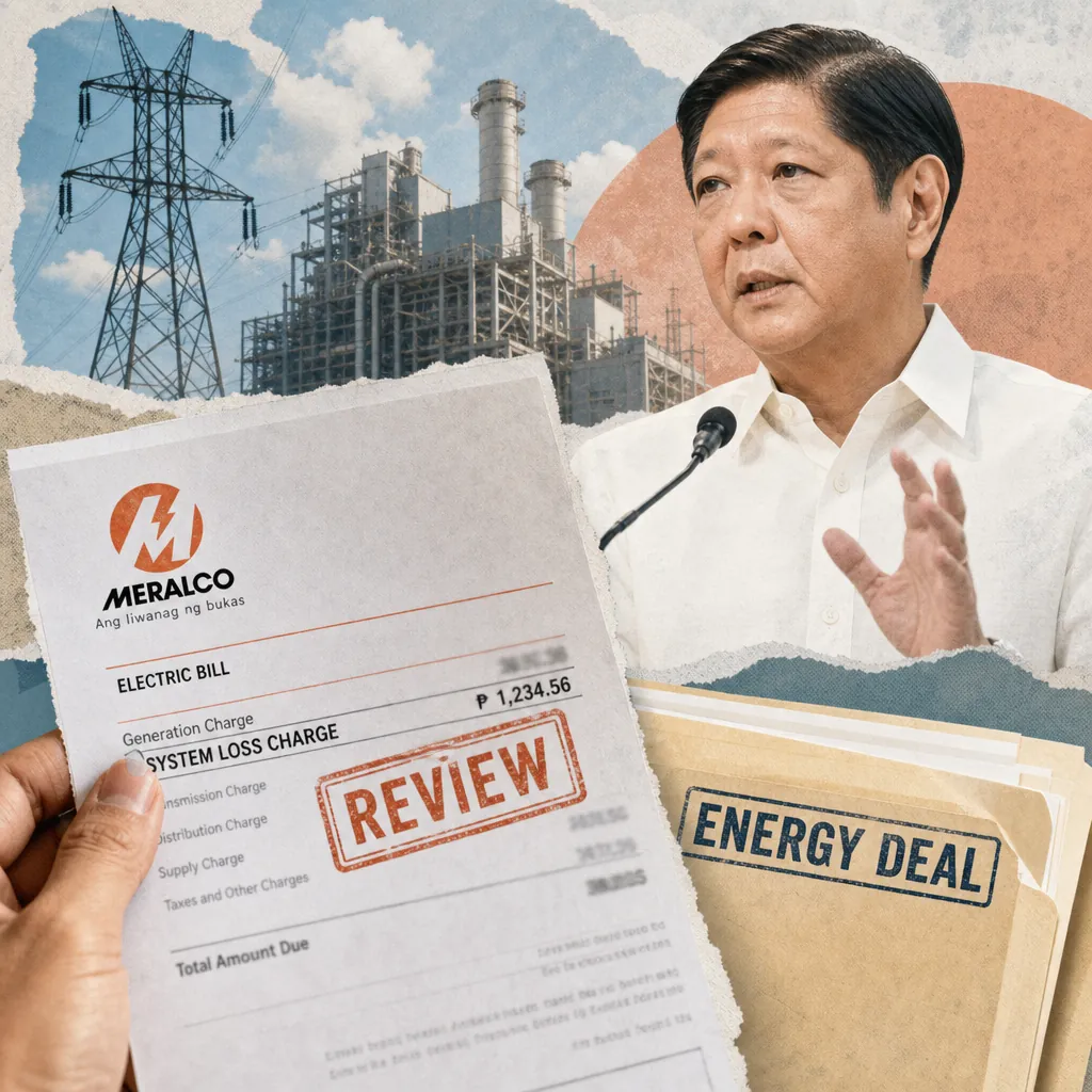 A collage showing President Marcos speaking, a power plant, an electric bill with "system loss charge" and "review" stamped on it, a hand holding the bill, a folder labeled "energy deal," and a transmission tower, illustrating President Marcos's call to end system loss charges.