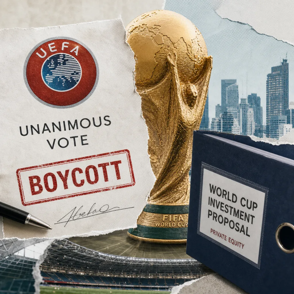 A collage showing a UEFA document stamped "boycott," the FIFA World Cup trophy, a binder labeled "World Cup investment proposal private equity," and a city skyline, illustrating UEFA threatens historic boycott of all FIFA tournaments over World Cup privatization.