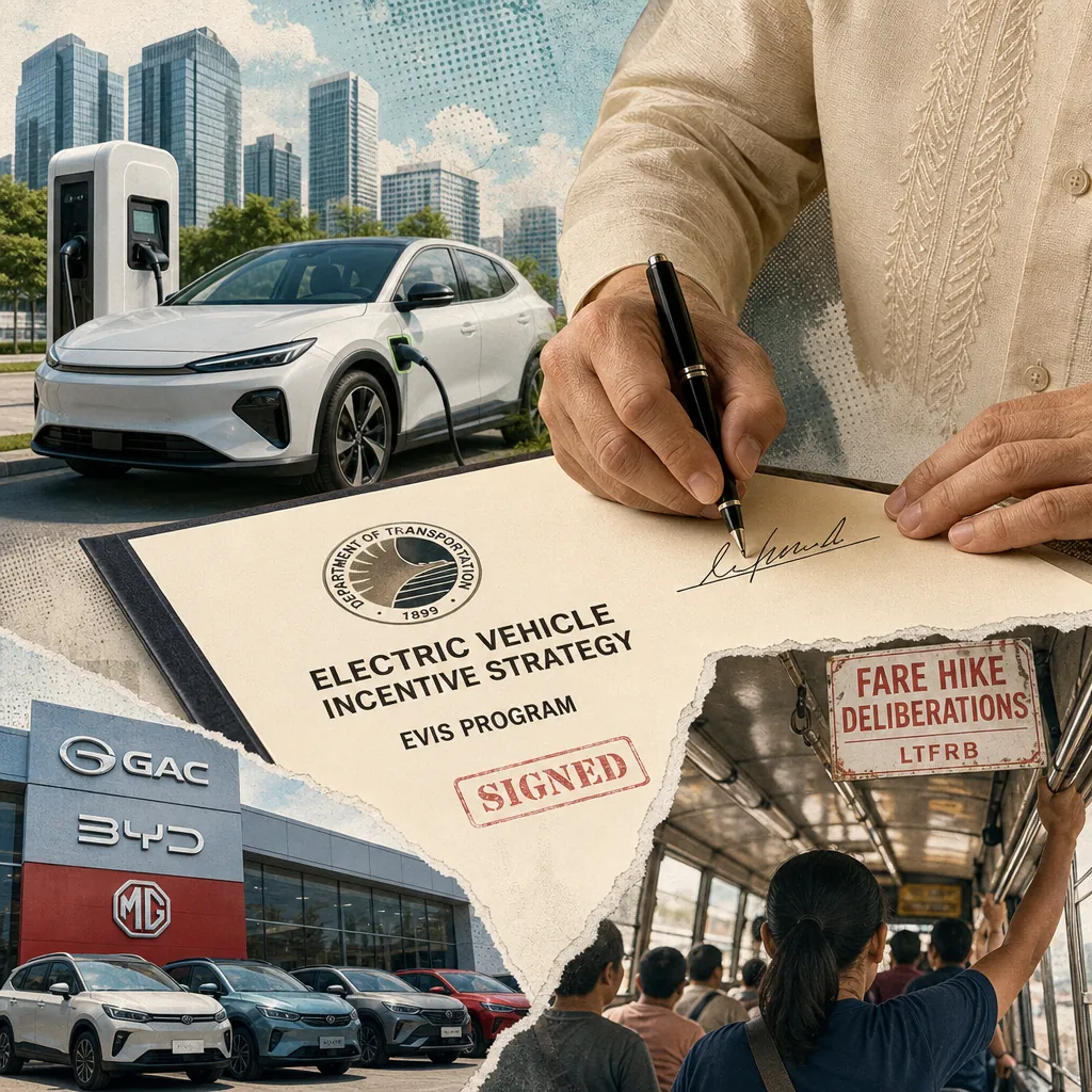 A collage showing a white electric vehicle charging in a city, a person signing an Electric Vehicle Incentive Strategy document, a dealership with GAC, BYD, and MG cars, and commuters inside a bus with a "Fare Hike Deliberations" sign, illustrating Philippine auto talk driven by new EV incentives, fare hike debates, and electrified vehicle launches.