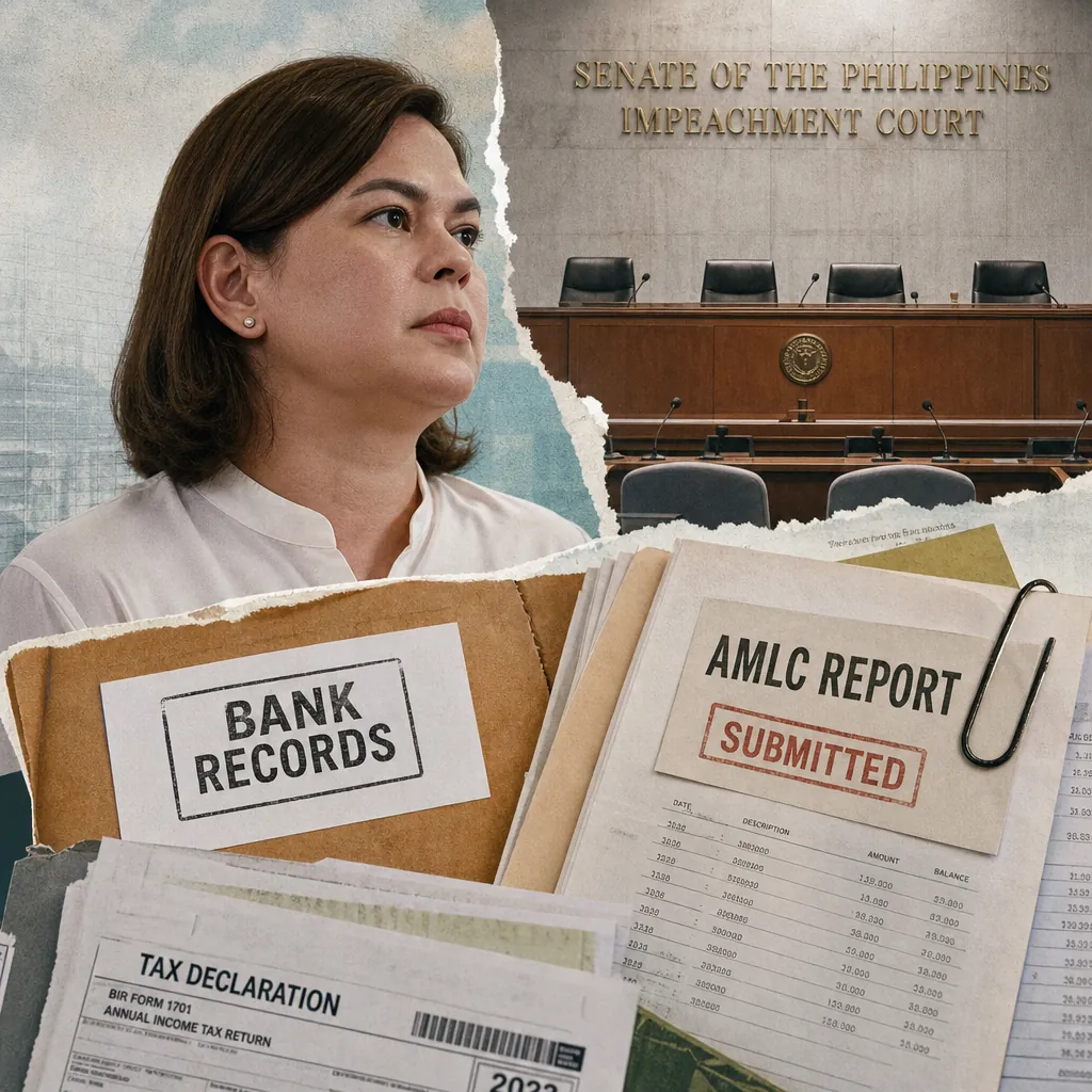 A serious woman stands in front of the Senate of the Philippines Impeachment Court, with folders labeled "Bank Records," "AMLC Report Submitted," and "Tax Declaration" in the foreground, illustrating the impeachment trial of VP Duterte puts banks under scrutiny.