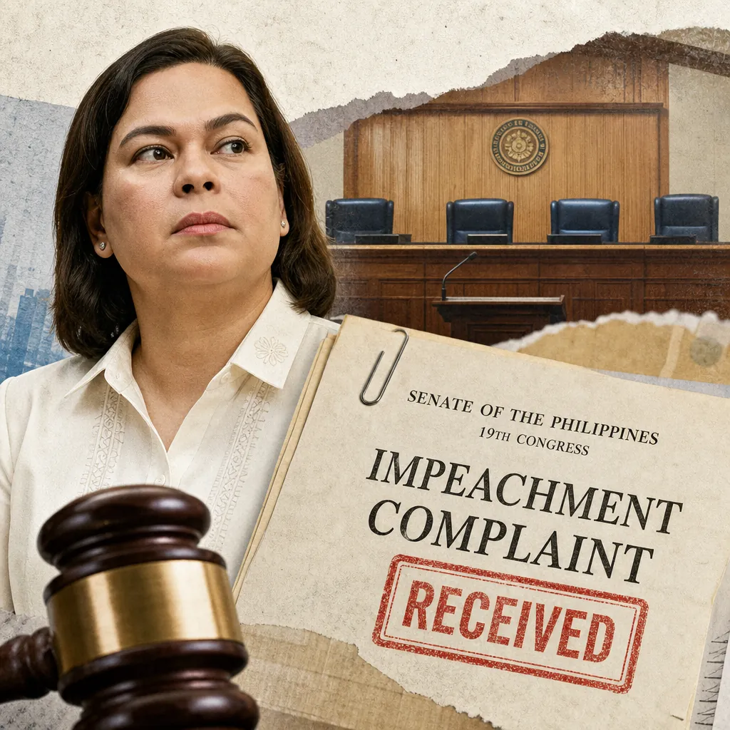 A serious-looking woman in a white blouse stands in front of a courtroom backdrop, with a large document labeled "Senate of the Philippines 19th Congress Impeachment Complaint Received" and a judge's gavel in the foreground, illustrating the impeachment trial of VP Sara Duterte.