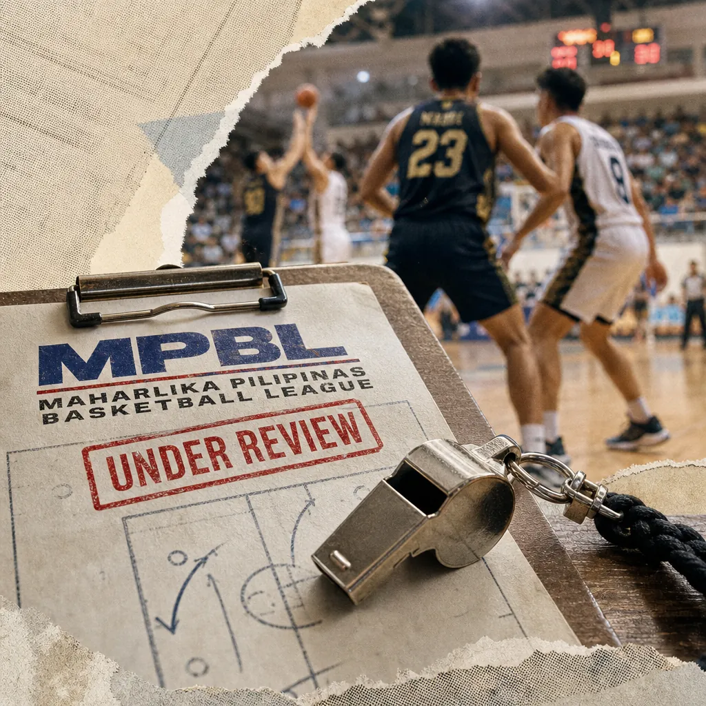 A clipboard with "MPBL Maharlika Pilipinas Basketball League" and "Under Review" written on it, along with a whistle, is shown in the foreground, while basketball players compete on a court in the background, illustrating the MPBL faces integrity crisis key signal.