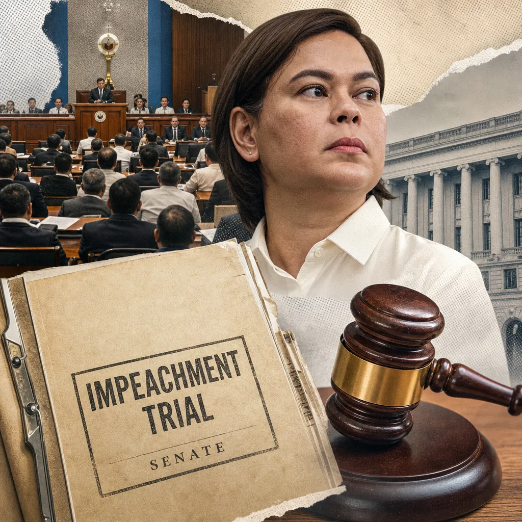 A serious-looking woman stands in front of a collage showing a crowded senate chamber, a government building, a gavel, and a folder labeled "Impeachment Trial Senate," representing Philippine news on July 31, 2026, dominated by anti-corruption cases, public cynicism, "ghost projects," impeachment drama, and rising economic anxiety.