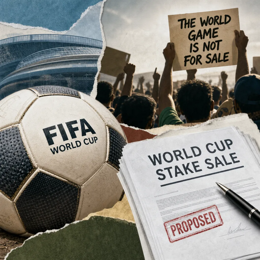 A collage showing a FIFA World Cup soccer ball, a stadium, a crowd holding a sign that says "The world game is not for sale," and documents labeled "World Cup stake sale" with a "Proposed" stamp, illustrating FIFA faces global backlash over World Cup stake sale.