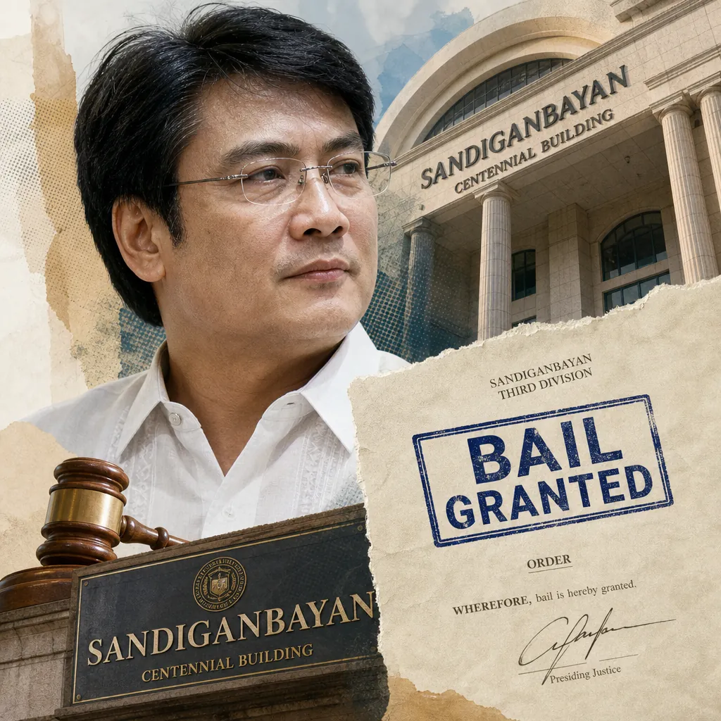 A serious-looking man in glasses is shown in front of the Sandiganbayan Centennial Building, with a gavel and a sign reading "Sandiganbayan" in the foreground, and a document stamped "Bail Granted," illustrating the Philippines facing high-profile anti-corruption probes.