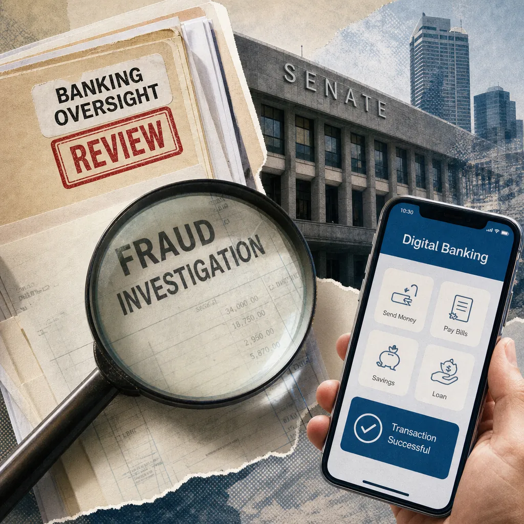 A collage showing a Senate building, a file labeled "Banking Oversight Review," a magnifying glass over documents marked "Fraud Investigation," and a hand holding a smartphone displaying a digital banking app, representing Philippine finance on July 31, 2026: political banking scrutiny, digital banking innovation, fraud enforcement, and economic headwinds shape sector narratives.
